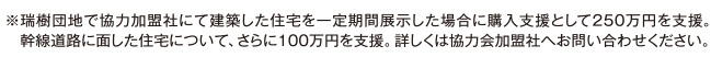 瑞樹団地で協力加盟社にて建設した住宅を言って期間展示した場合に購入支援として250万円を支援。幹線道路に面した住宅について、さらに100万円を支援。詳しくは協力会加盟社へお問い合わせください。